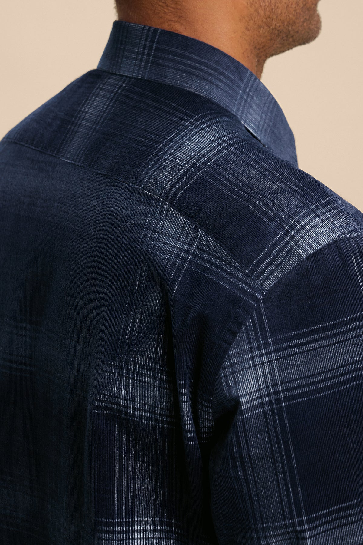 Indigo Check shirt, back collar detail