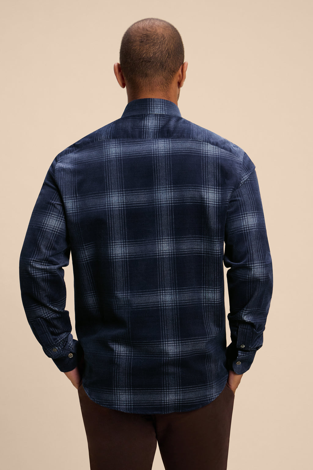 Indigo Check shirt, back on model
