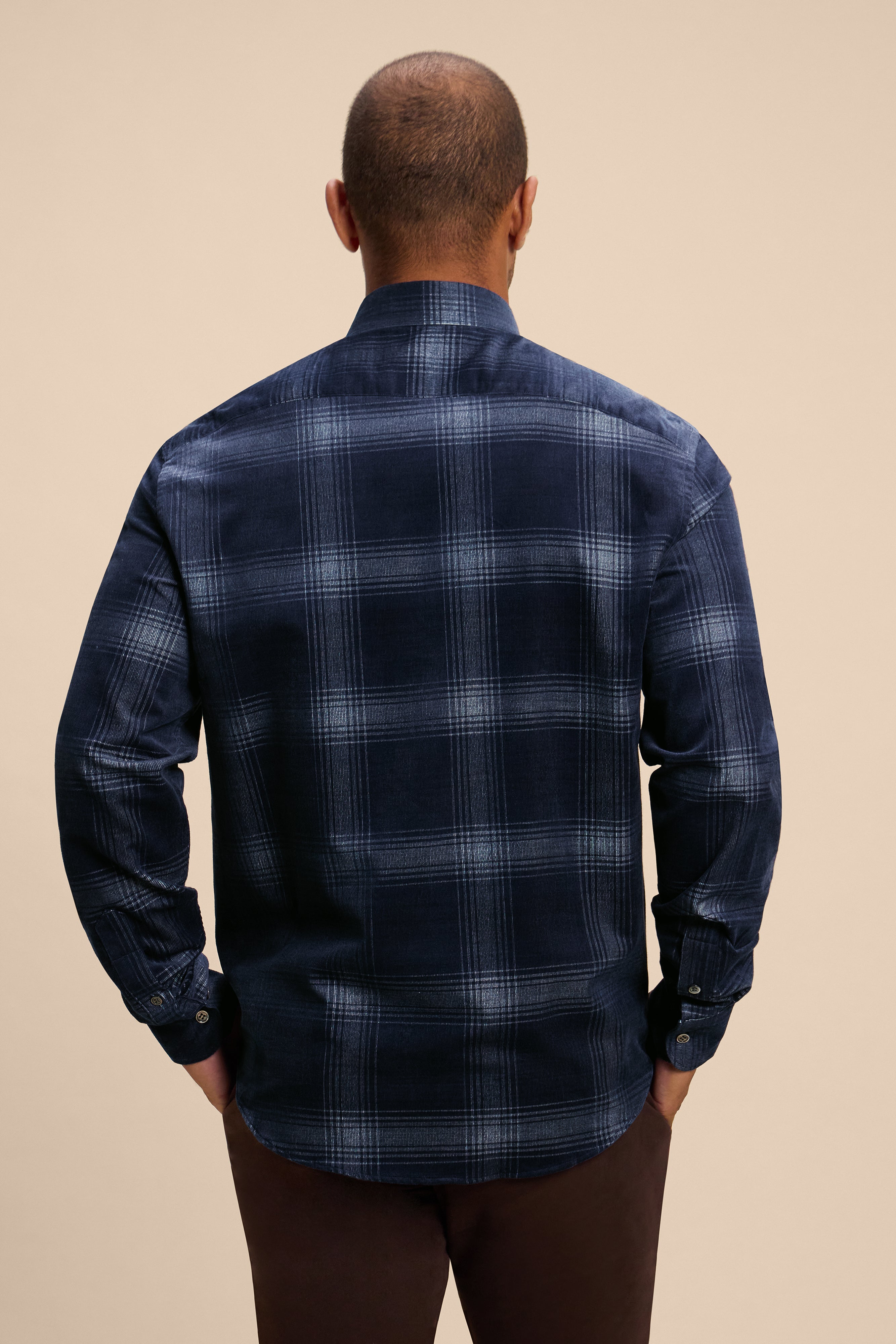 Indigo Check shirt, back on model