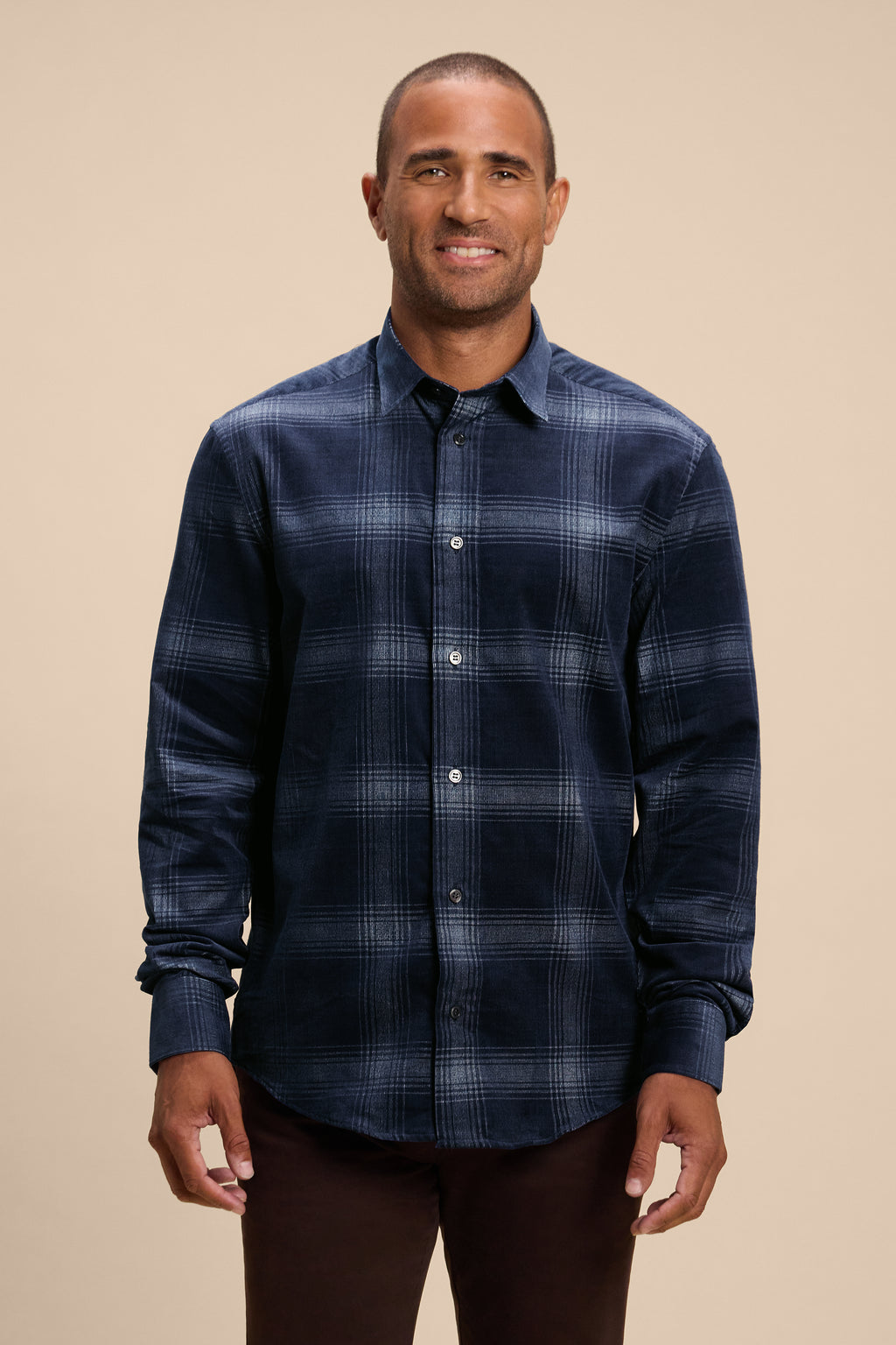 Indigo Check shirt, front on model