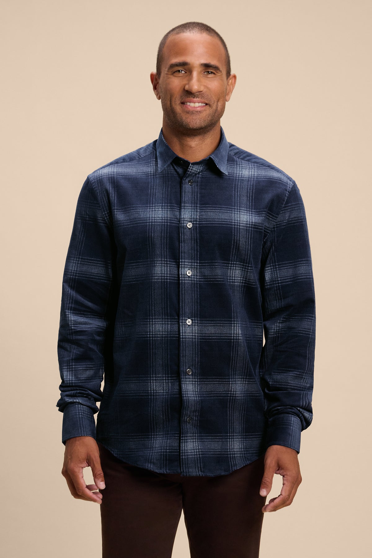 Indigo Check shirt, front on model