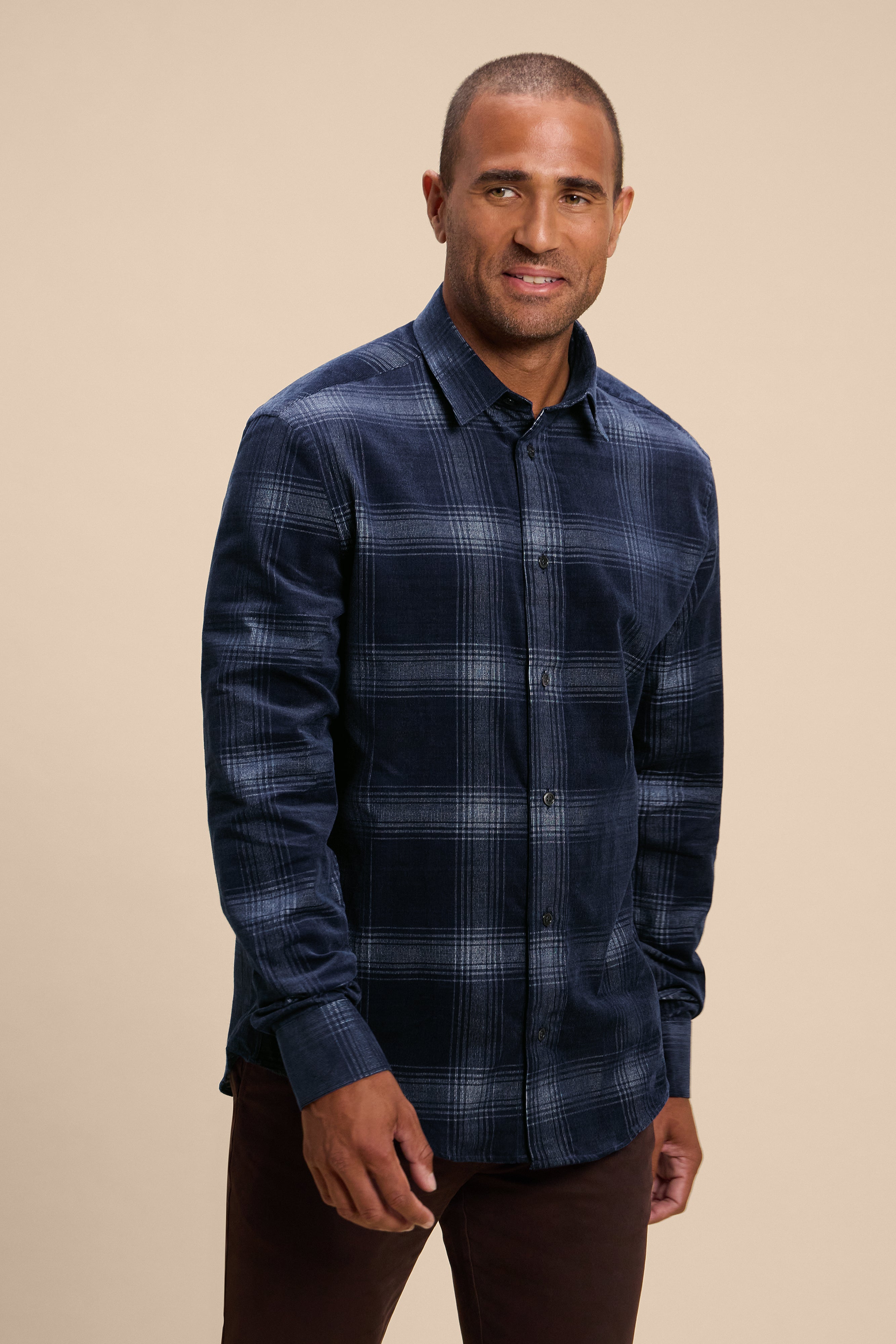 Indigo Check shirt, in motion