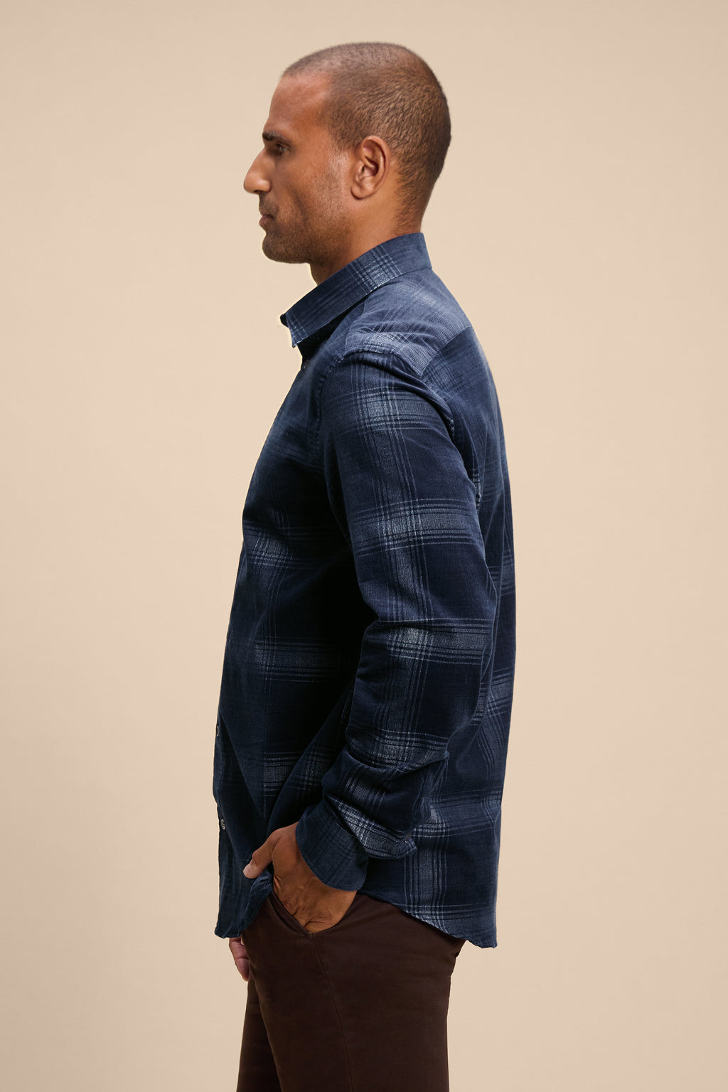 Indigo Check shirt, side on model