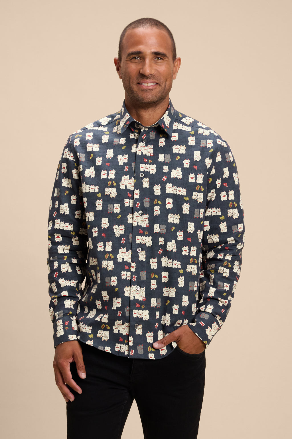 Maneki Neko shirt, front on model