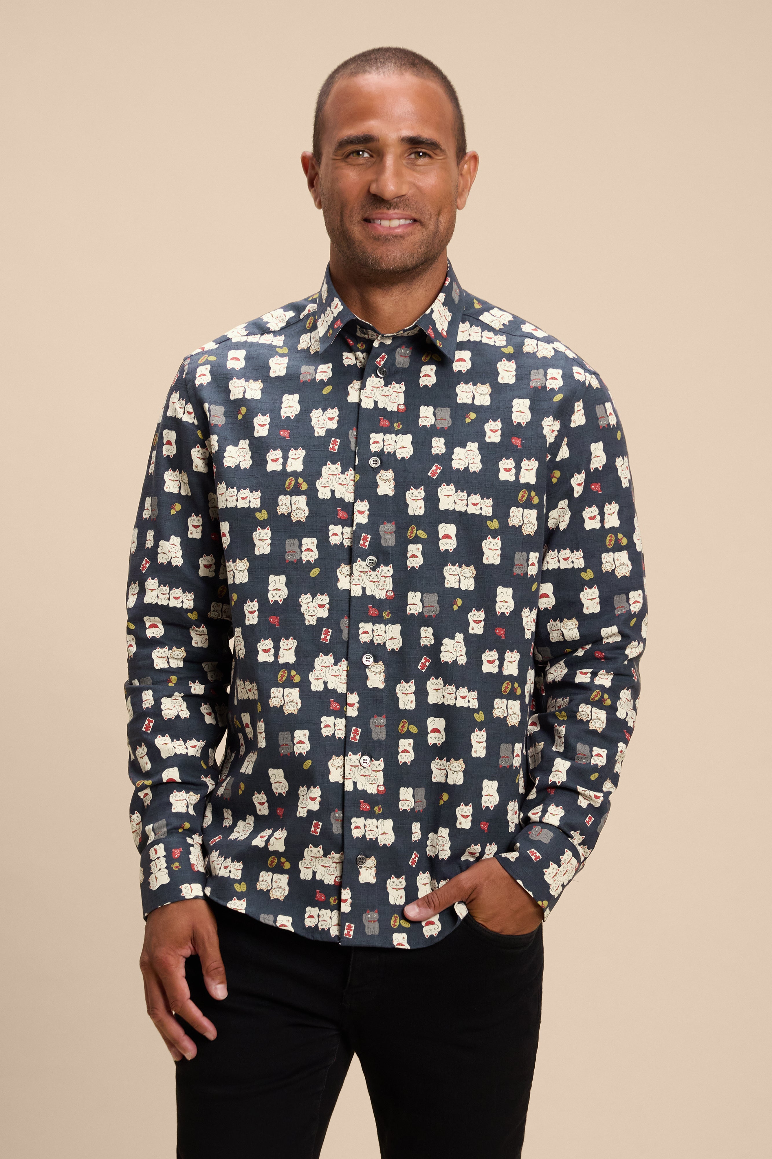 Maneki Neko shirt, front on model