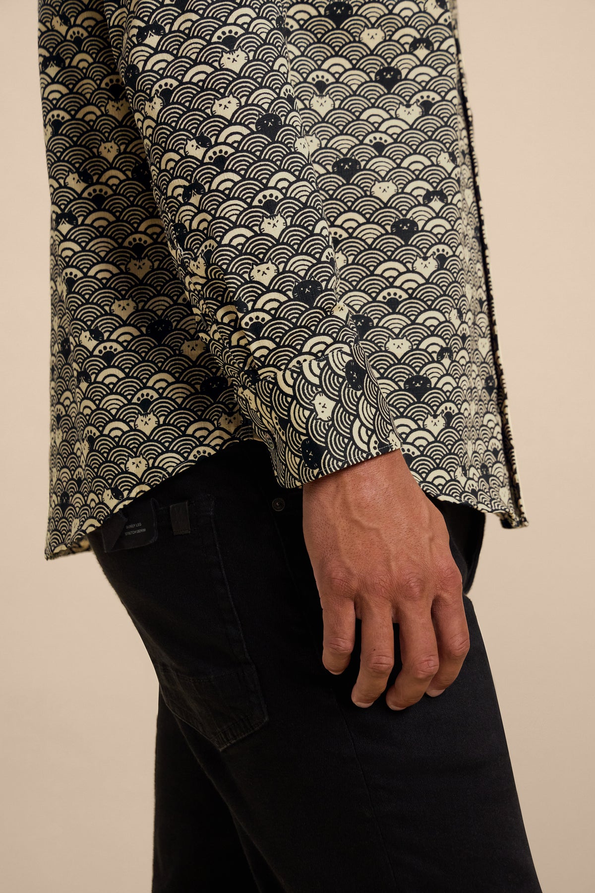 Wave Cats Black shirt, cuff detail