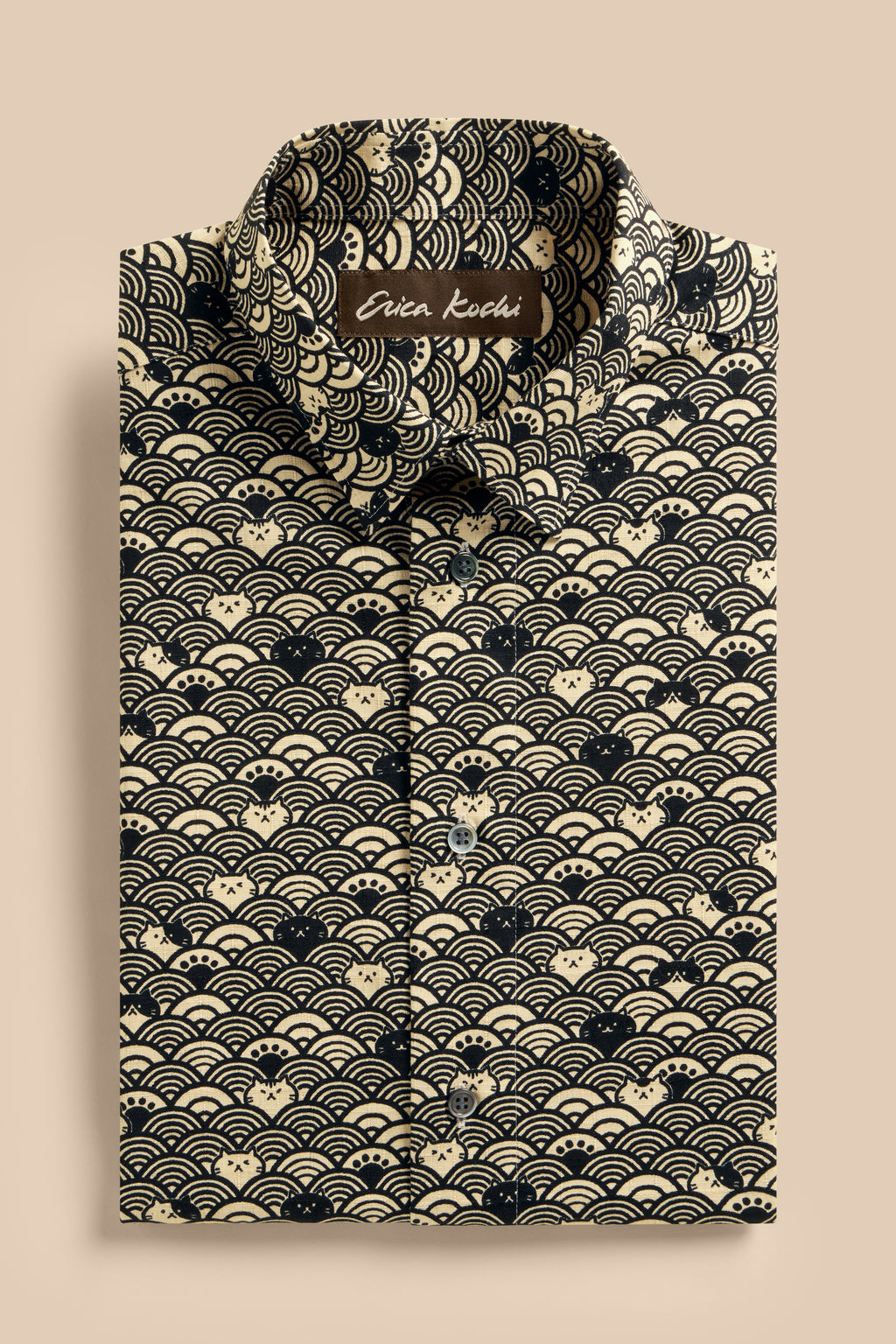 Wave Cats Black shirt, flat lay