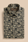 Wave Cats Black shirt, flat lay