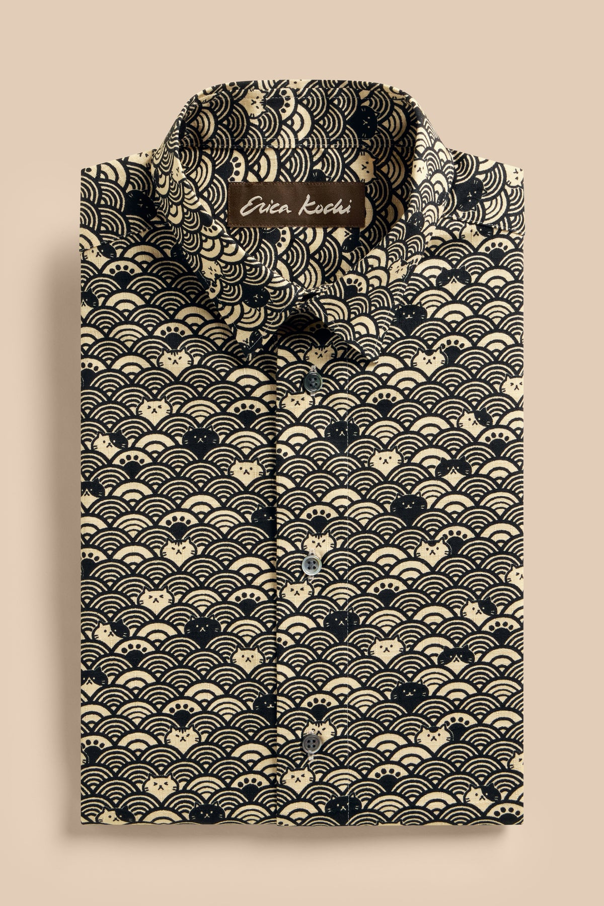 Wave Cats Black shirt, flat lay