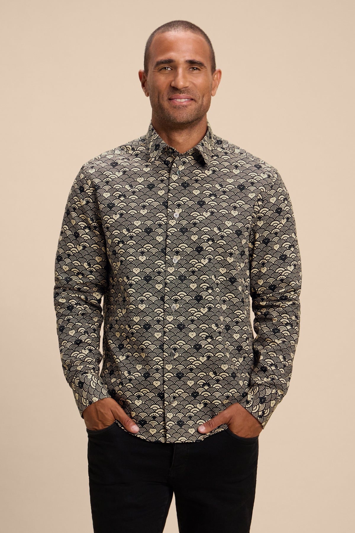 Wave Cats Black shirt, front on model