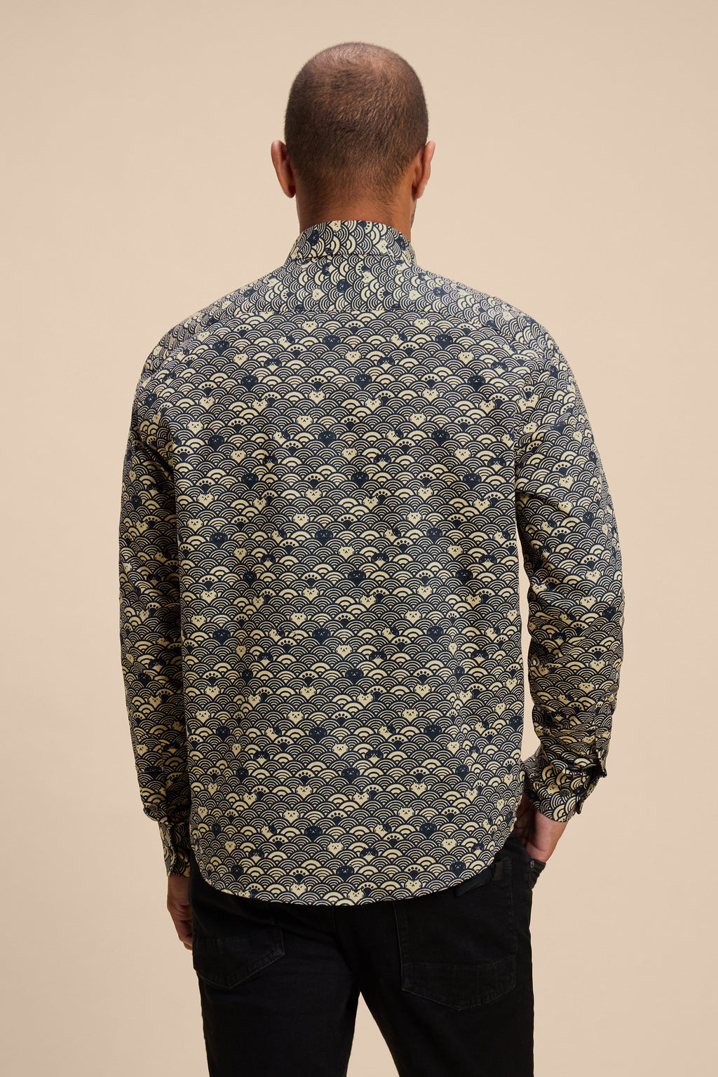 Wave Cats Blue shirt, back on model