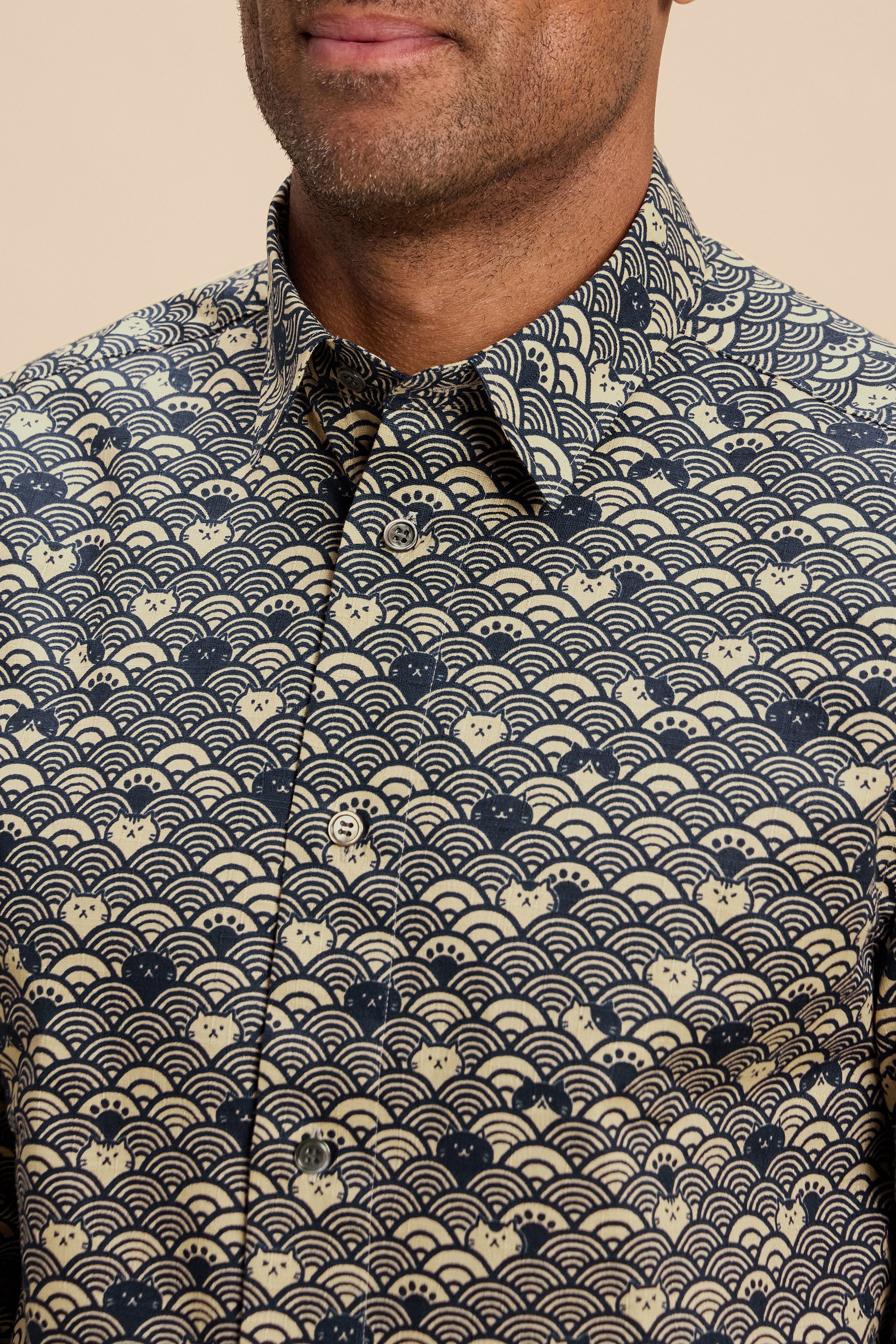 Wave Cats Blue shirt, collar detail