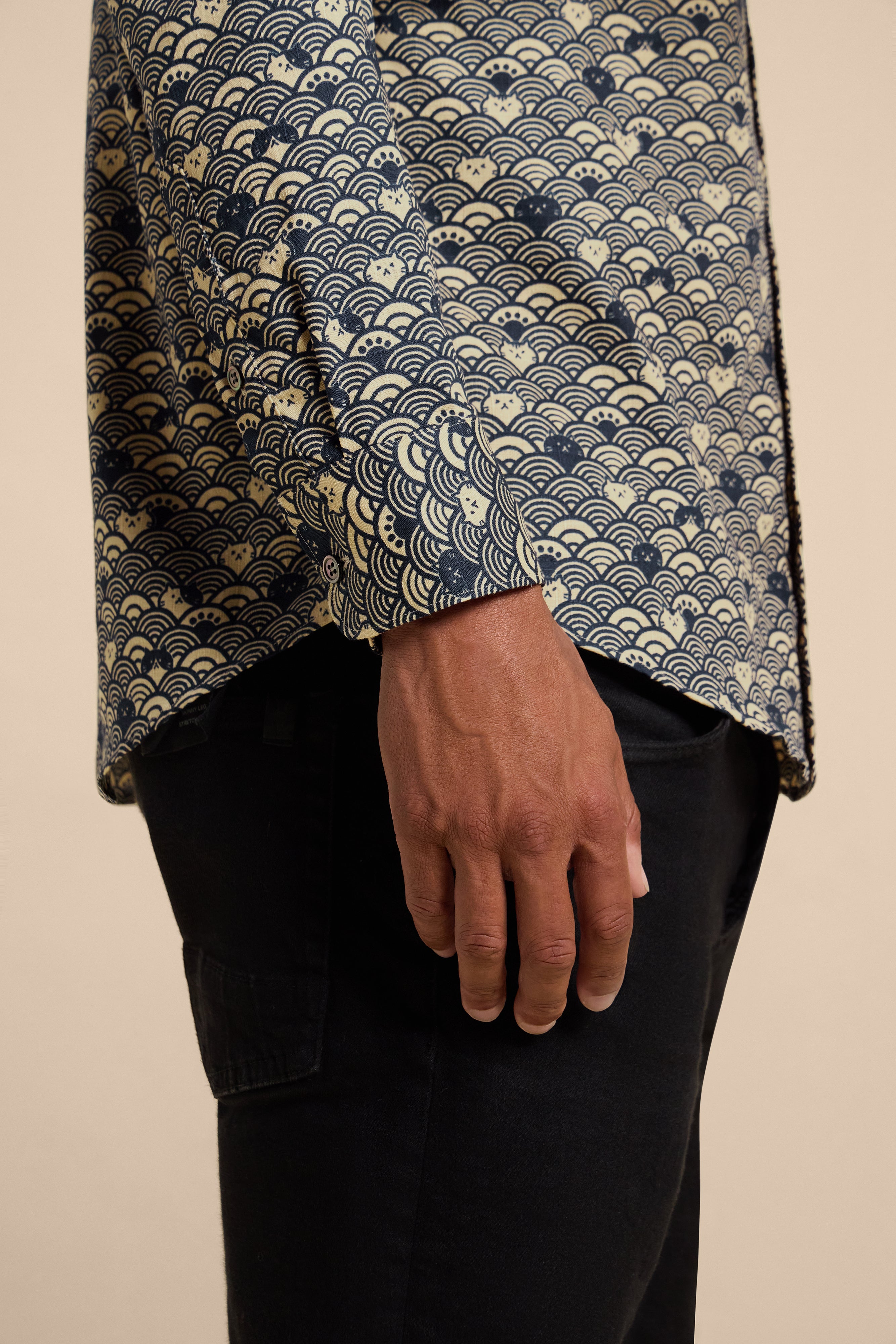 Wave Cats Blue shirt, cuff detail
