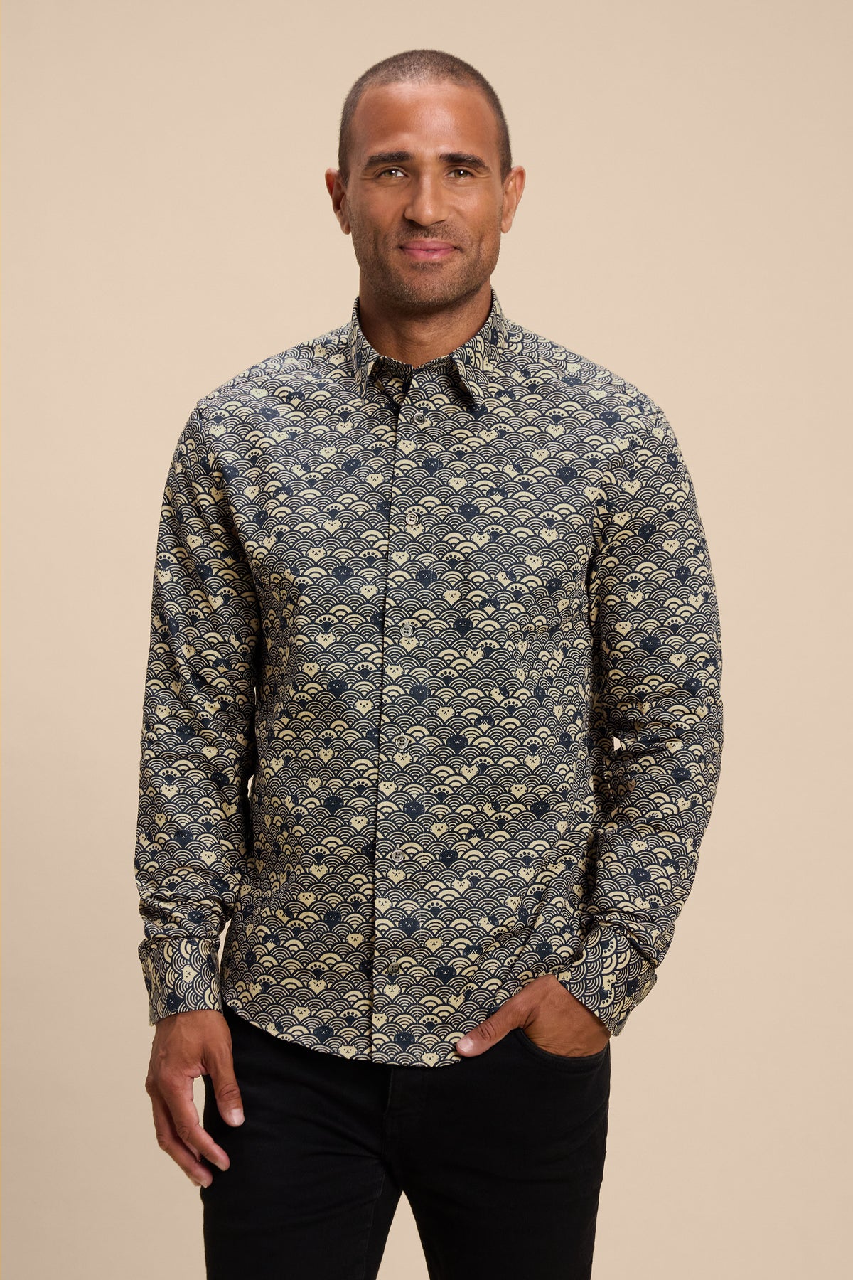 Wave Cats Blue shirt, front on model